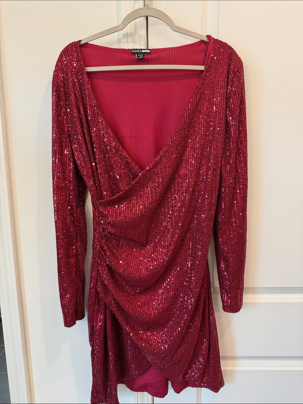 Fashion Nova Burgundy Sequin Draped Long Sleeve Mini Dress